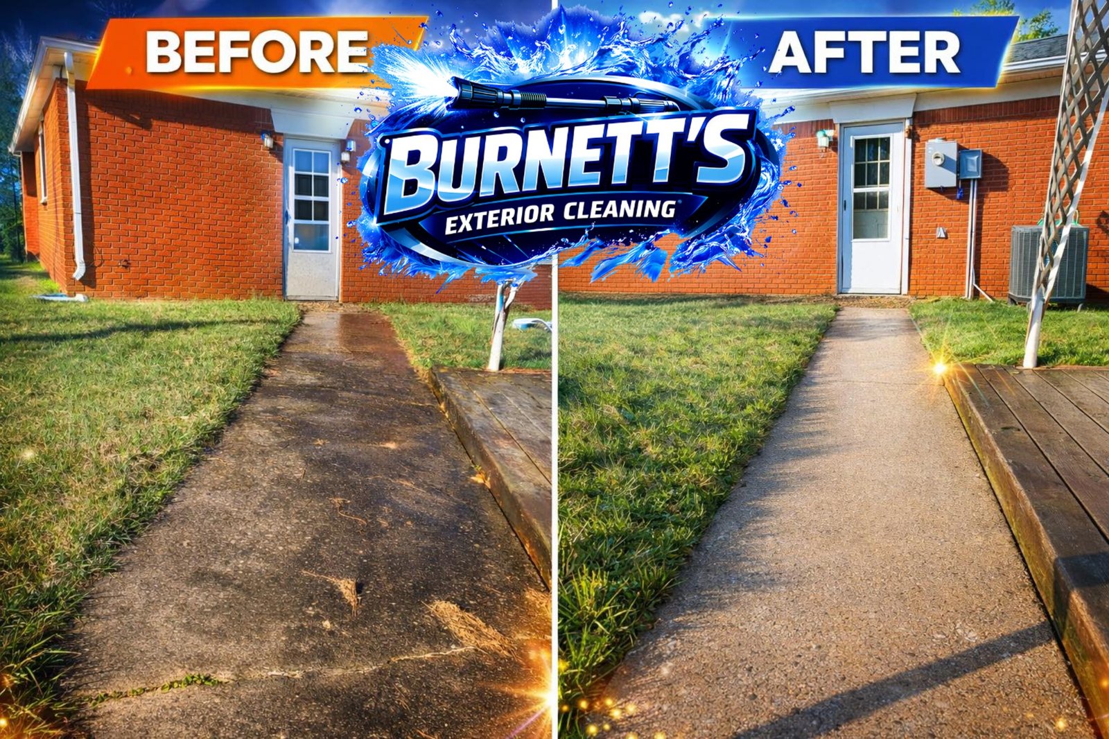 Before and after concrete and brick exterior cleaning by Burnett’s Exterior Cleaning
