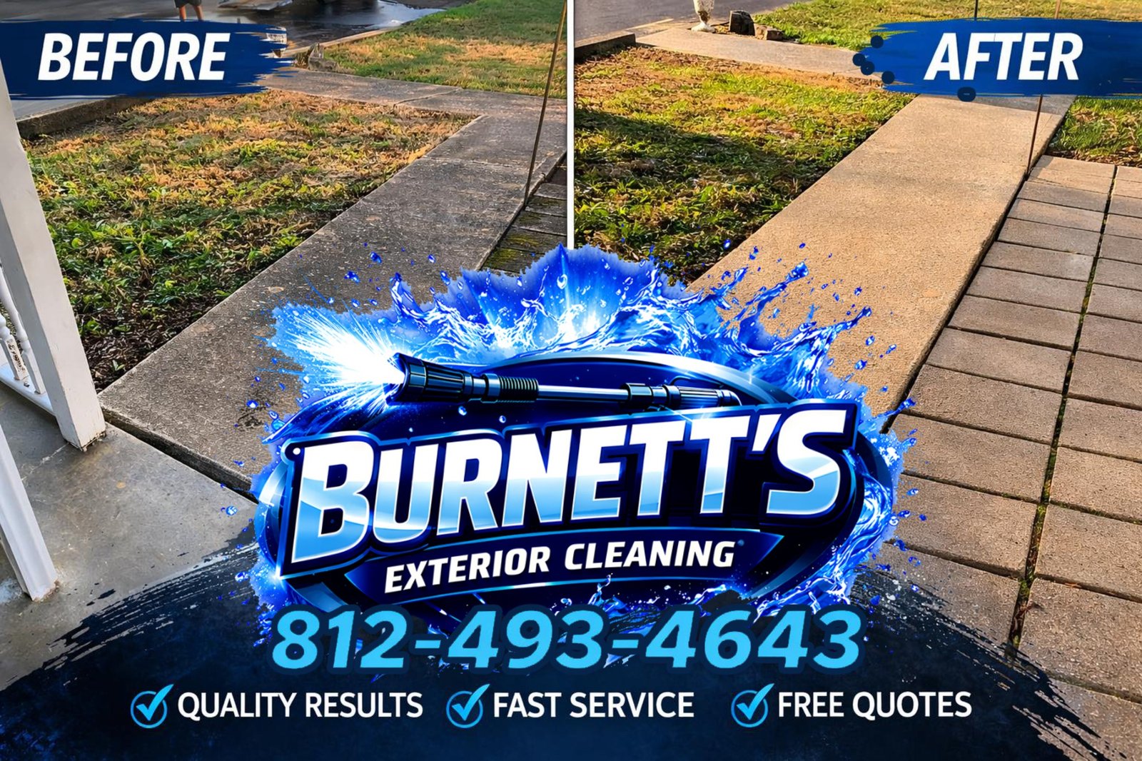 Before and after sidewalk pressure washing by Burnett’s Exterior Cleaning