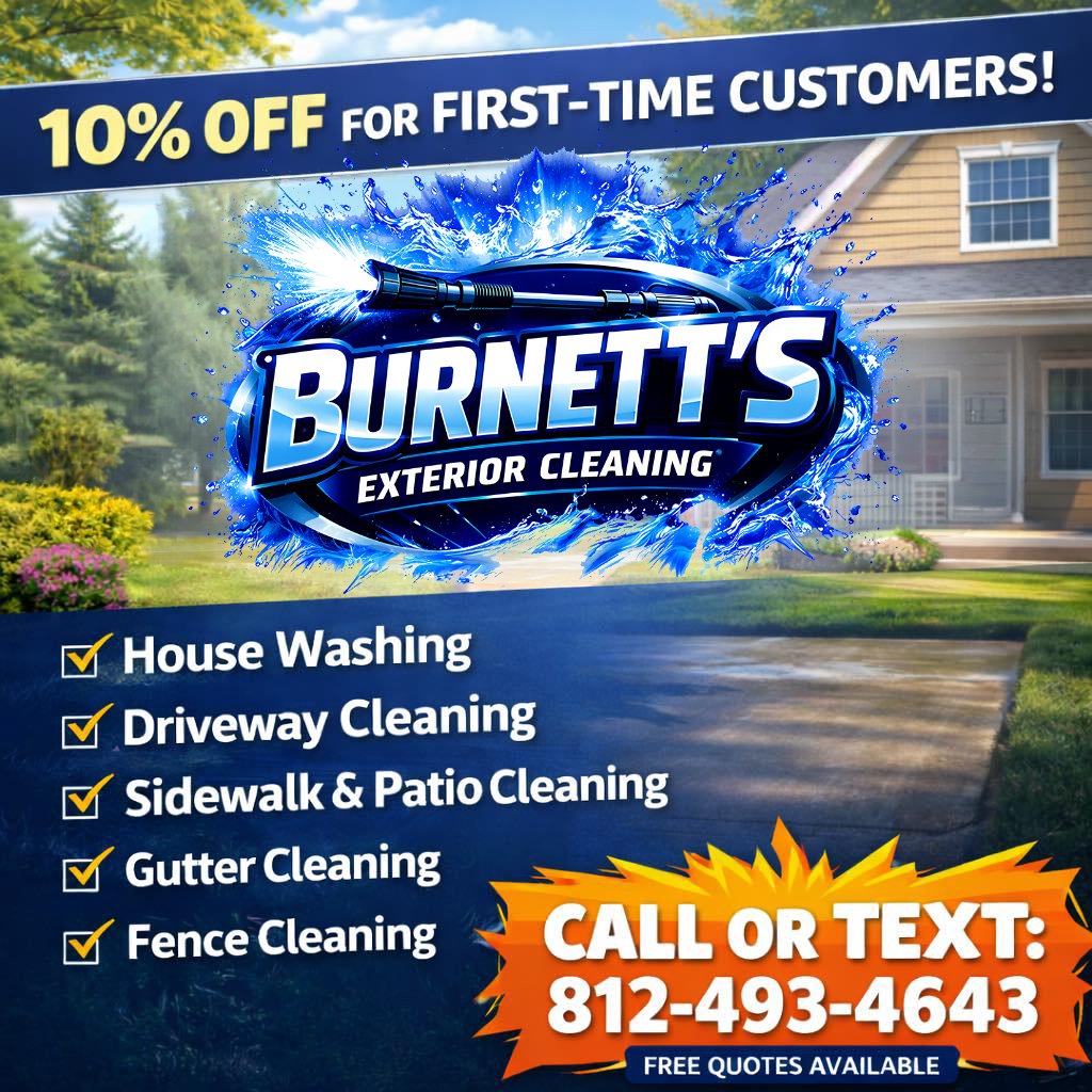 Promotional graphic for Burnett’s Exterior Cleaning house washing and driveway cleaning in Madison, Indiana